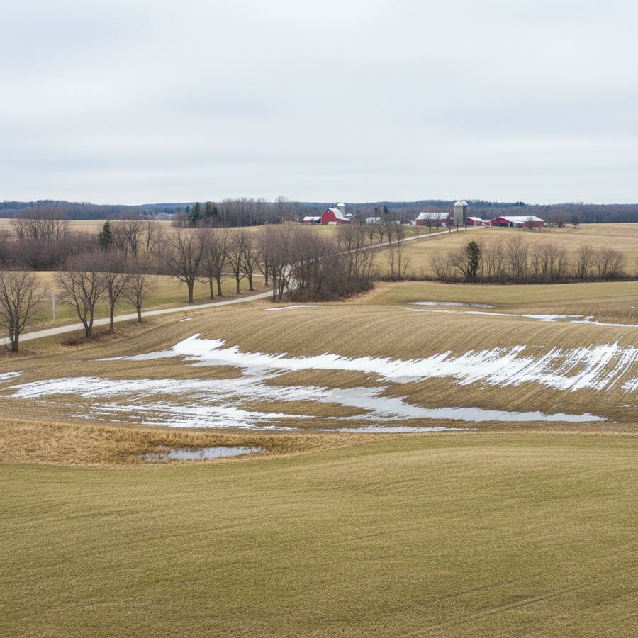 Spring landscape in Clearview Township with farmland and green fields