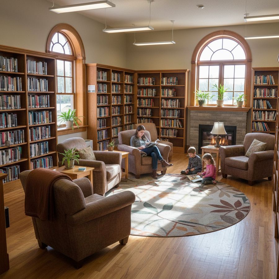 Interior of a Clearview Public Library branch with bookshelves and reading area