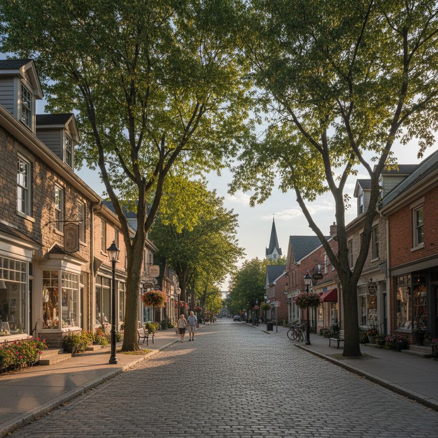 Creemore village streetscape with heritage buildings