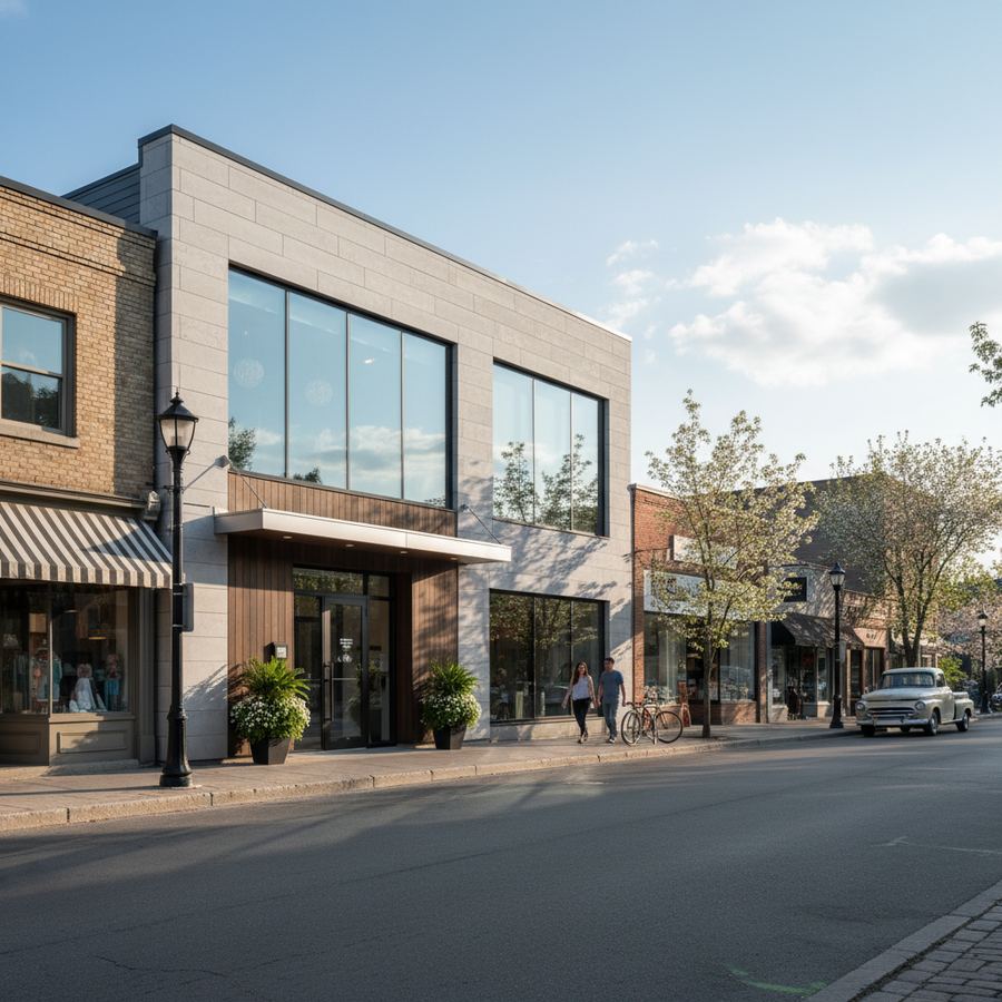 Downtown Stayner streetscape near local pharmacy and health services