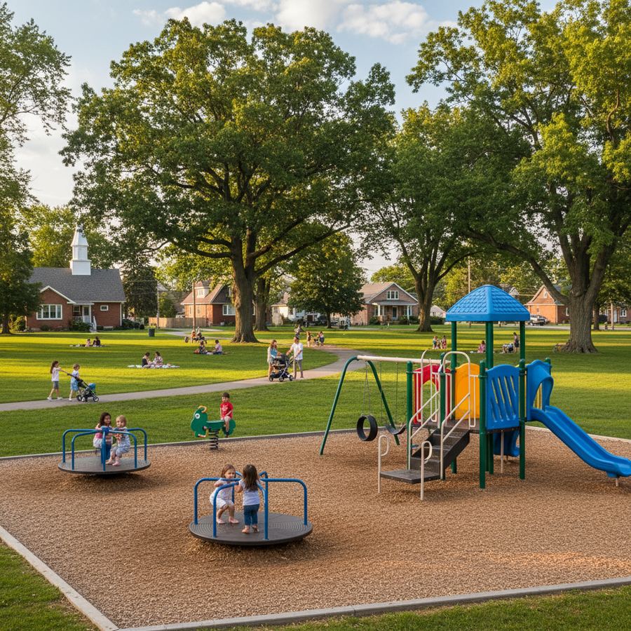 Children's playground in a Stayner park on a summer day