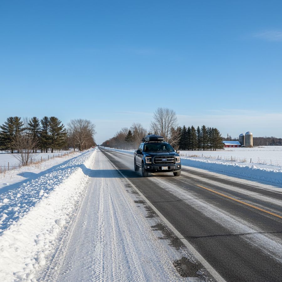 Snow-covered road in Clearview Township during winter